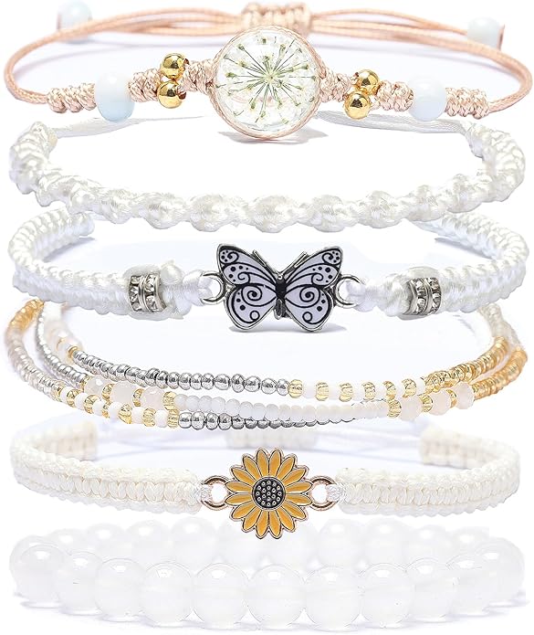 DS 6PCS String beads Charm Bracelets for Teen Girls Handmade Braided Rope Butterfly daisies Eternal flower Boho Surfer Bracelet for women Adjustable friendship Stretch birthday jewelry Gift Friends
