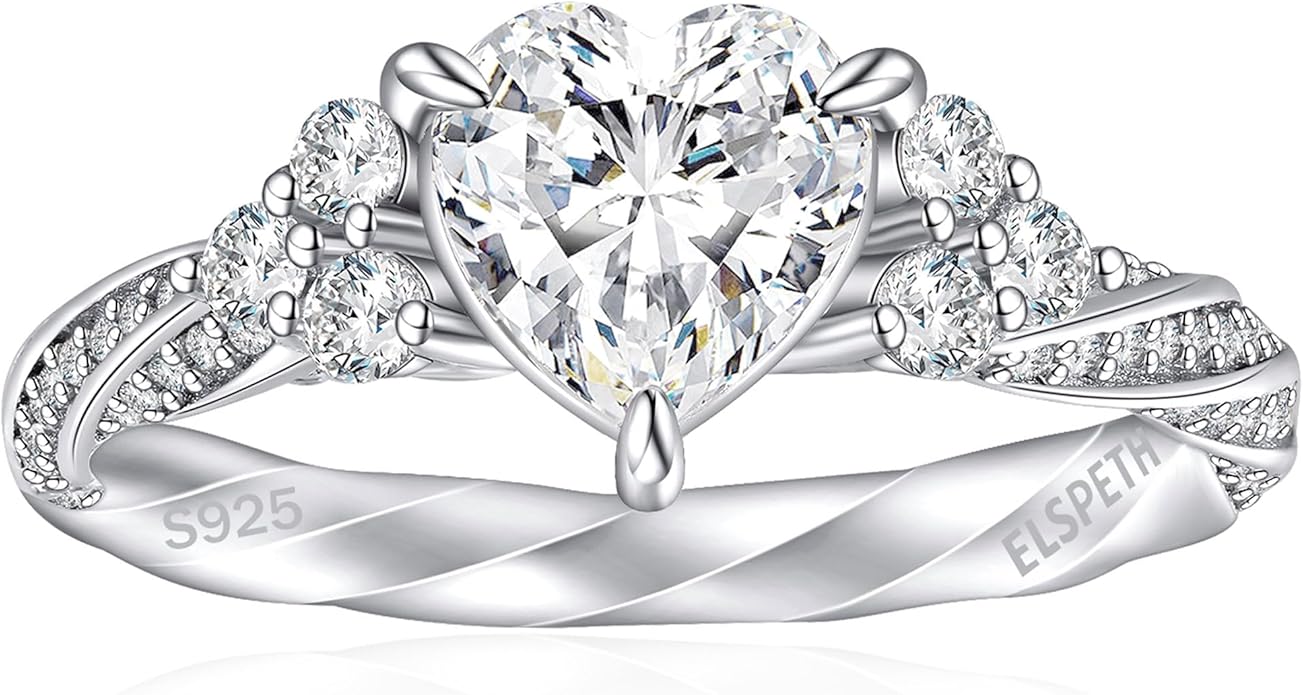 Elspeth 925 Sterling Silver Heart Engagement Ring for Women Heart Cut Cubic Zirconia Promise Ring Size 4-10