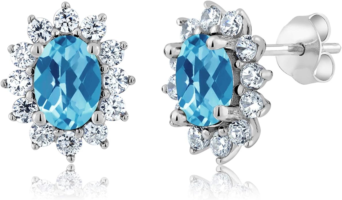 Gem Stone King 7X5MM Oval Gemstone Birthstone Stud Earrings For Women | Princess Diana Royal Halo Style | 925 Sterling Silver | Fine Jewelry Gifts for Anniversary Wedding Her Mom Women Wife