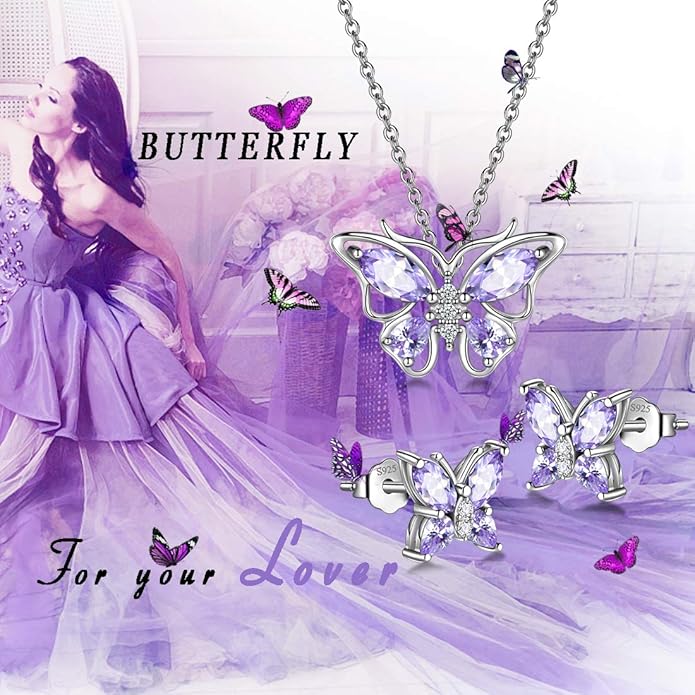 925 Sterling Silver Birthstone Butterfly Jewelry Women Crystal Animal Cute Butterflies Birthday Necklace/Earring/Ring/Bracelet Sets Birth Stone Statement Anniversary Jewellery