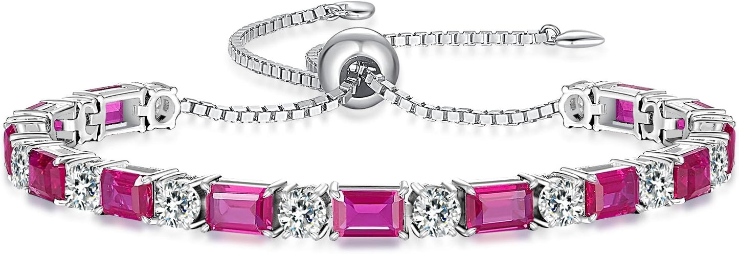 Birthstone Tennis Bracelets for Women White Gold Sterling Silver Gemstone Bracelets Adjustable Chain 6-9 Inchs Jewelry Anniversary Birthday Gifts for Women Mom Wife Her