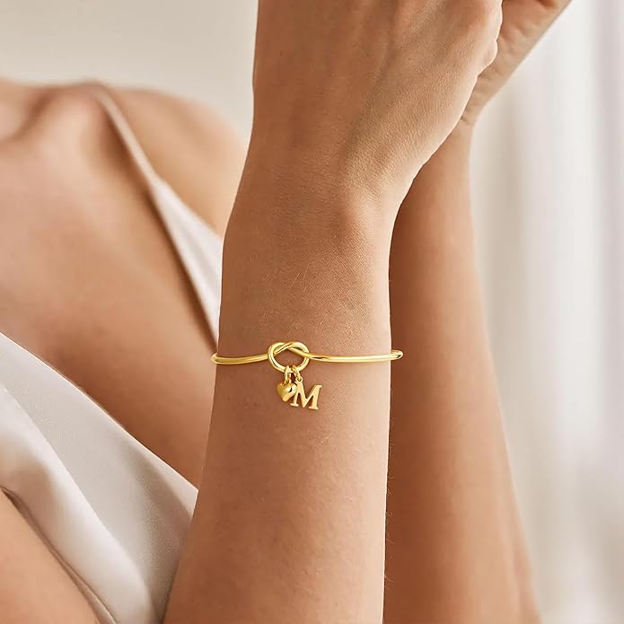M MOOHAM Valentines Gifts for Her Teen Girls - Knot Initial Bracelets for Women Bridesmaids Proposal Gift Bridesmaid Gift Heart Initial Bracelet Friendship Bracelets Valentines Gifts for Women Sister