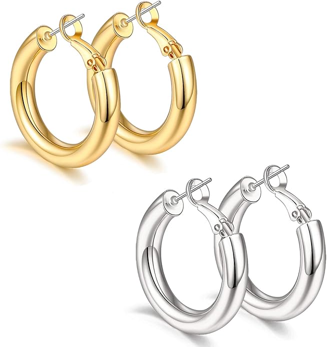 sovesi Chunky Gold Hoop Earrings for Women with 925 Sterling Silver Post, 14K Gold Plated Small Thick Gold Hoops Earrings for Women