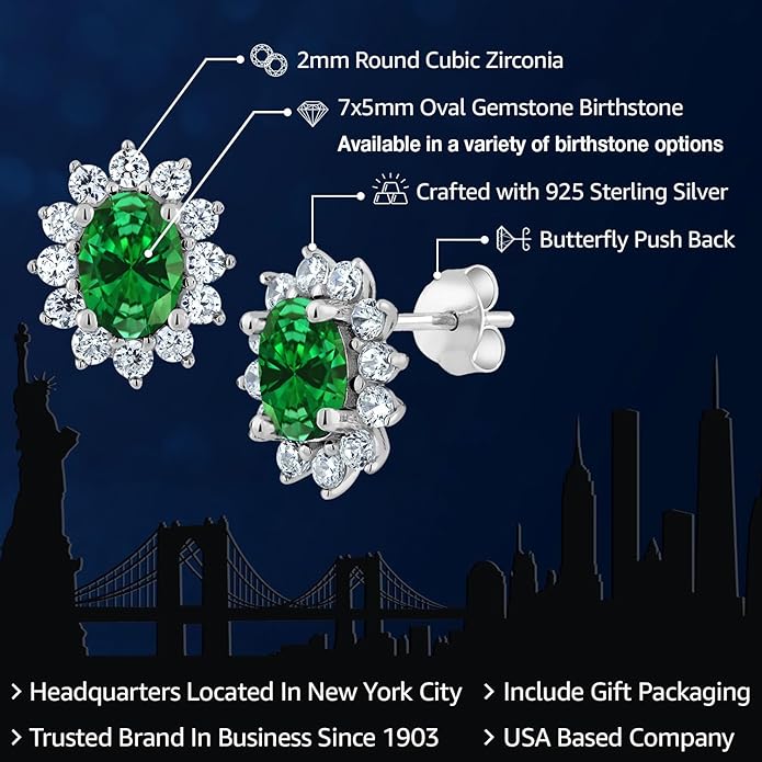 Gem Stone King 7X5MM Oval Gemstone Birthstone Stud Earrings For Women | Princess Diana Royal Halo Style | 925 Sterling Silver | Fine Jewelry Gifts for Anniversary Wedding Her Mom Women Wife