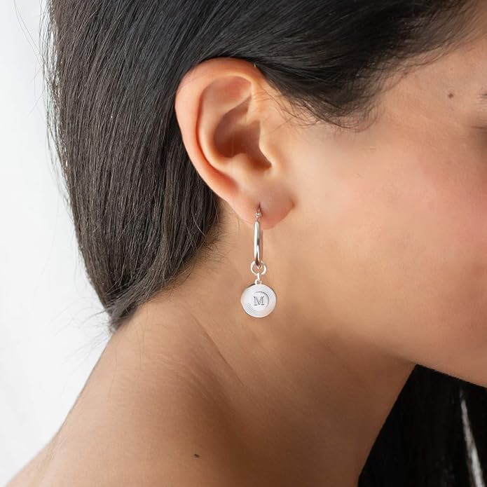 MyNameNecklace Personalized Odeion Initial Round Disc Shape Charm Hoop Earrings in Sterling Silver 925/ Gold Plating- Classic Delicate Jewelry Gift