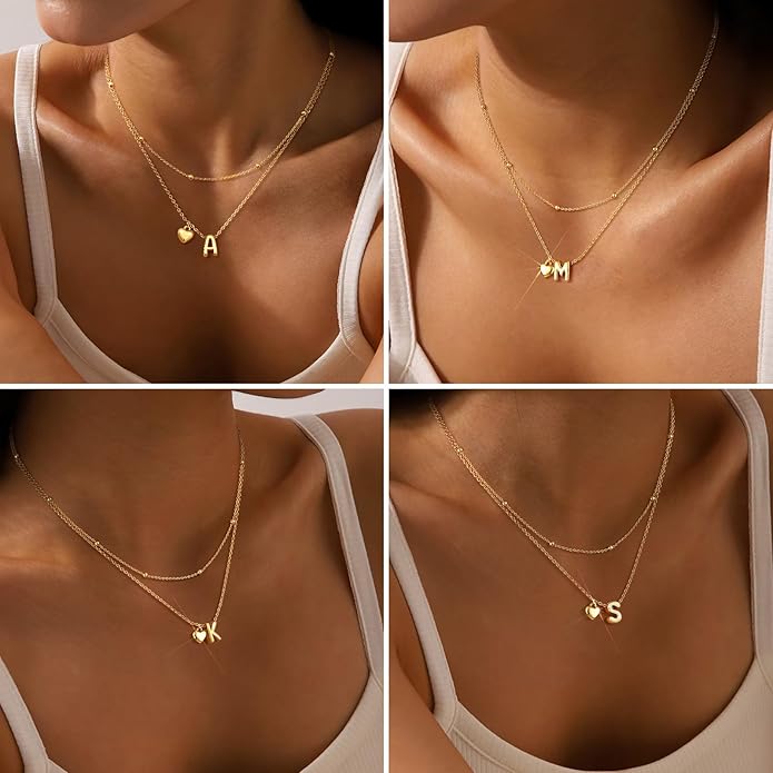 adoyi Valentines Day Gifts for Women Hers Dainty 14K Gold Plated Heart Initial Necklaces Layered Letter A-Z Pendant Necklace Stack Trendy Jewelry Birthday Valentines Day Gifts for Women Jewelry