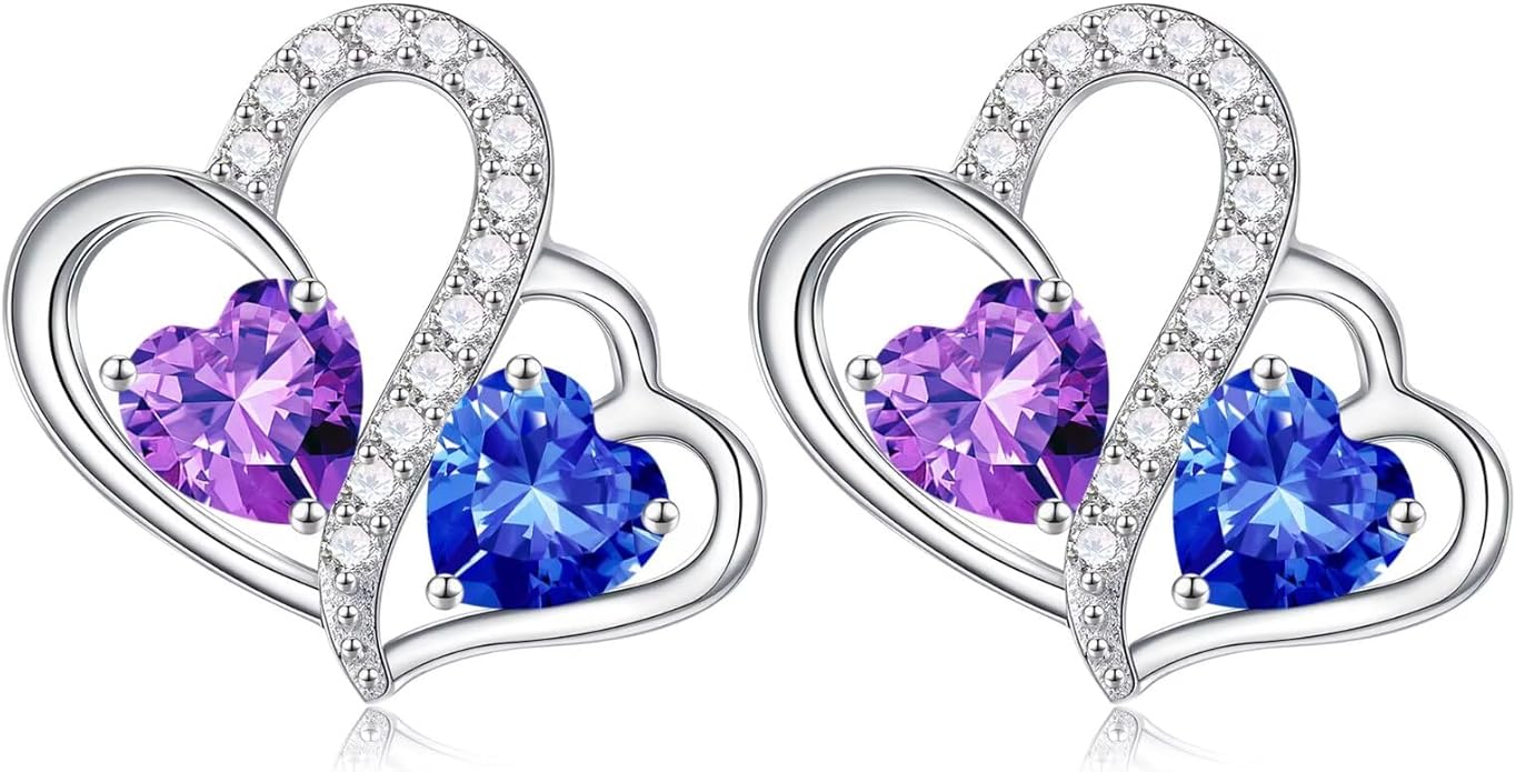 Iefil Valentines Day Gifts for Her - Birthstone Earrings Gift for Women, 925 Sterling Silver Double Heart Birthstone Earrings | Anniversary Birthday Gifts for Women, Personalized Jewelry for Wife Mom