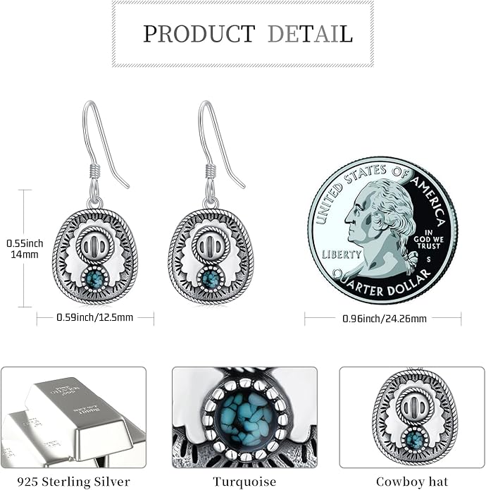 Western Earrings for Women 925 Sterling Silver Turquoise Western Country Dangle Drop Earrings Country Jewelry Gifts for Cowgirl Cowboy
