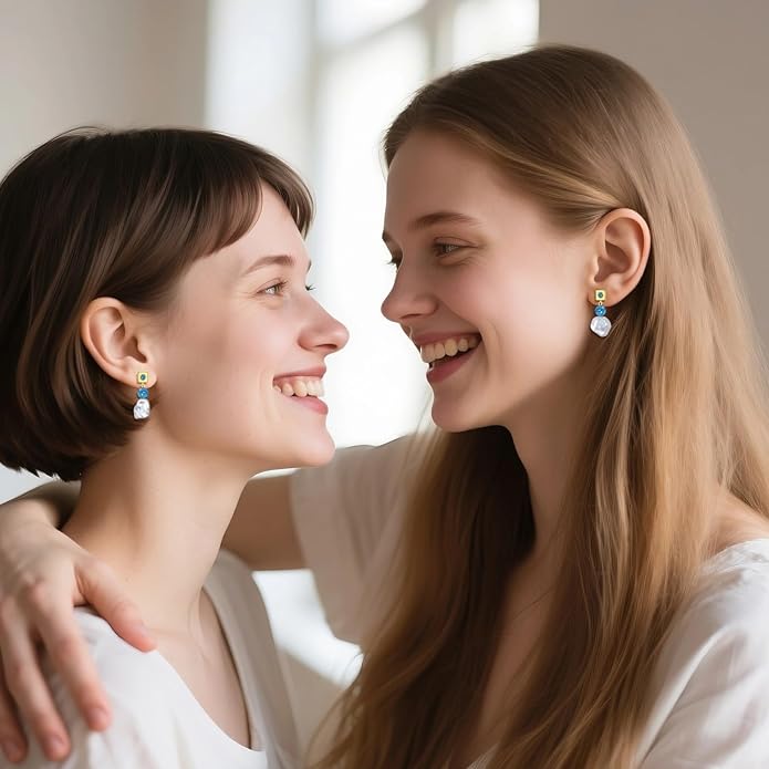 Turquoise Dangle Earrings 14K Gold Plated Sterling Silver Boho Earrings with Cultured Pearl Drop Jewelry Gift for Women