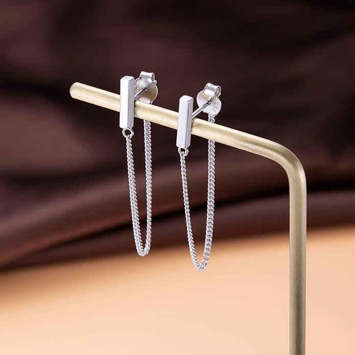 Reffeer Solid 925 Sterling Silver Stud Earrings Minimalist Bar Earrings with Chain Dangle Earrings For Women