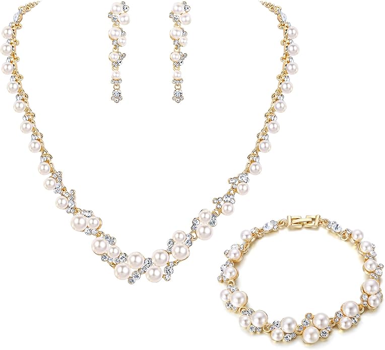 EVER FAITH Simulated Pearl Crystal Bridal Necklace Earrings Bracelet Set Clear