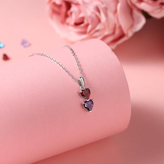 PaulaMax Jewelry Custom Birthstone Necklace for Women in 925 Sterling Silver, Mother's Day Necklace with 1 2 3 4 Heart Birthstones, Personalized and Customized Sterling Silver Chain 18" + 2"