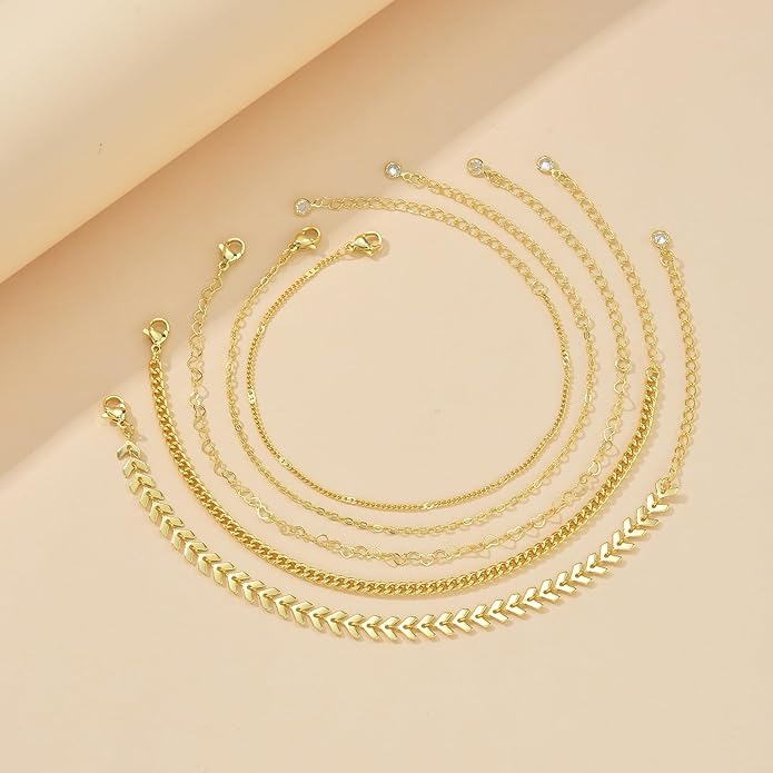 iF YOU Gold Ankle Bracelets for Women, 14k Gold Plated Waterproof Cuban Link Chain Anklets Set, Layered Anklet Bracelets for Women Beach Gift Adjustable Size 5pc
