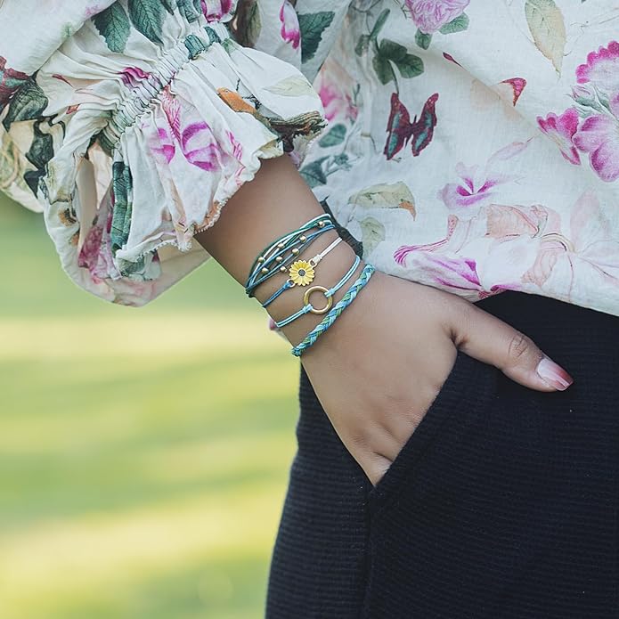 FANCY SHINY Sunflower String Bracelet Boho Braided Rope Wrap Bracelets Cute Summer Beach Surfer Jewelry for Women