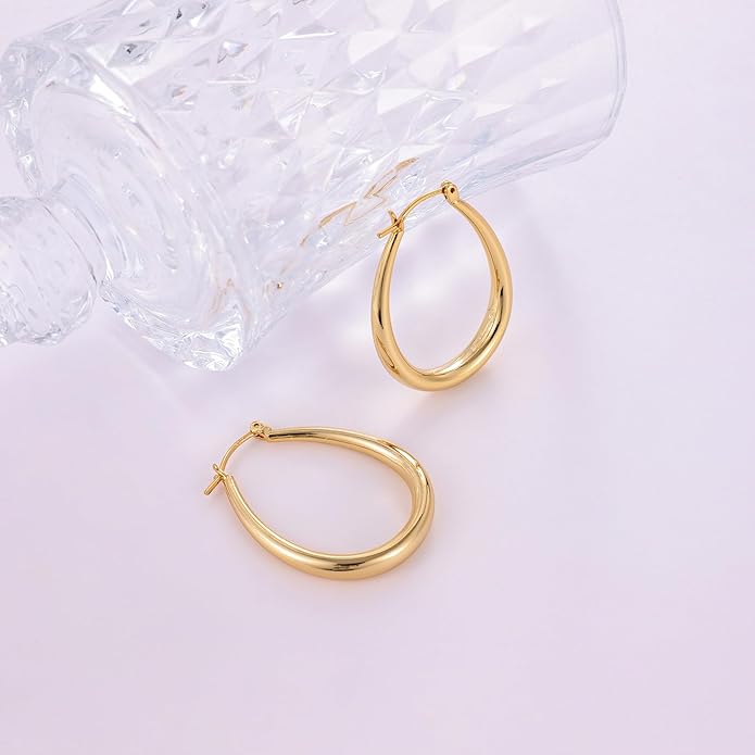 Gacimy Chunky Hoop Earrings for Women, 14K Gold Plated Oval Hoop Earrings with 925 Sterling Silver Post
