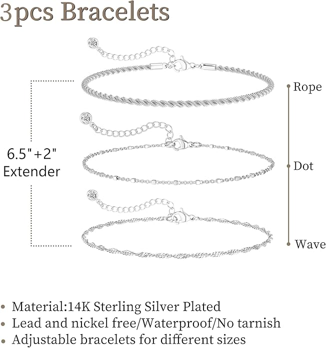 DEARMAY Dainty Silver Plated Bracelets for Women Trendy, Silver Jewelry Set for Women Bracelets for Women Paperclip Box Herringbone Figaro Rope Chain Bracelet Fashion Pack Gifts for Women