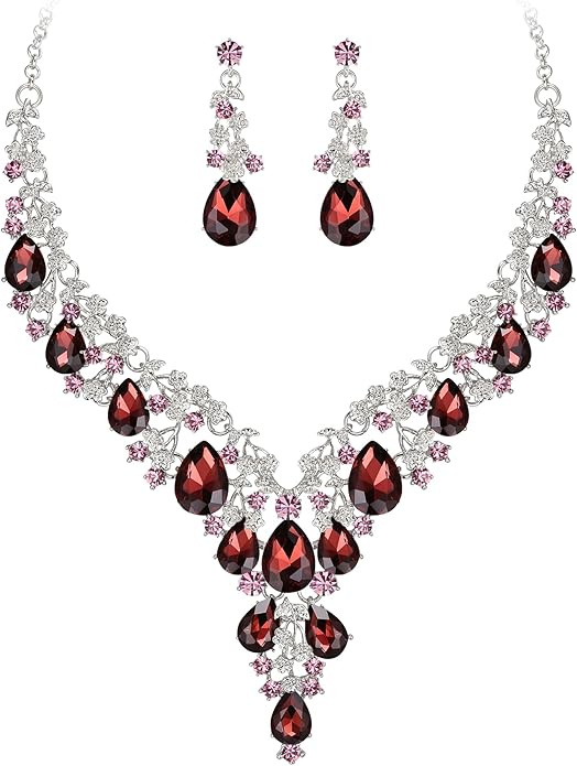 BriLove Women's Wedding Bridal Austrian Crystal Teardrop Flower Cluster Statement Necklace Dangle Earrings Jewelry Set for Party Prom