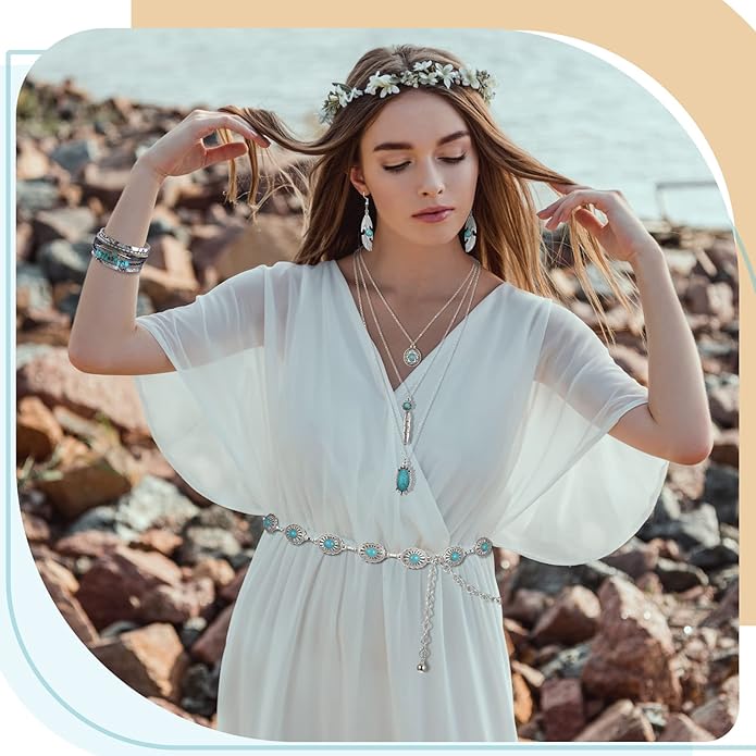 Geyoga 9 Pcs Western Jewelry For Women Bohemian Turquoise Jewelry Set Turquoise Necklace Dangle Earrings Rings Waist Chain Western Bracelets for Women Holiday Gift