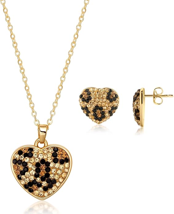 Barzel 18K Gold Plated Leopard Heart Earring & Necklace Set with Austrian Crystals, 18 Inches with 2 Inches Extension - Made In Brazil