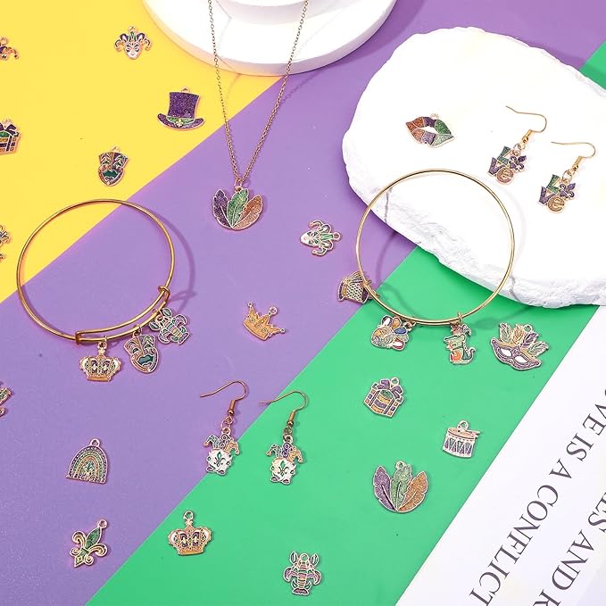 MARFOREVER 40 Pcs/20 Pairs Mardi Gras Charms for Jewelry Making, Glitter Mardi Gras Charm Carnival Mask Jester Fleur-de-lis Charms Pendants for Bracelets Necklace Earrings DIY Crafts Accessories Gifts