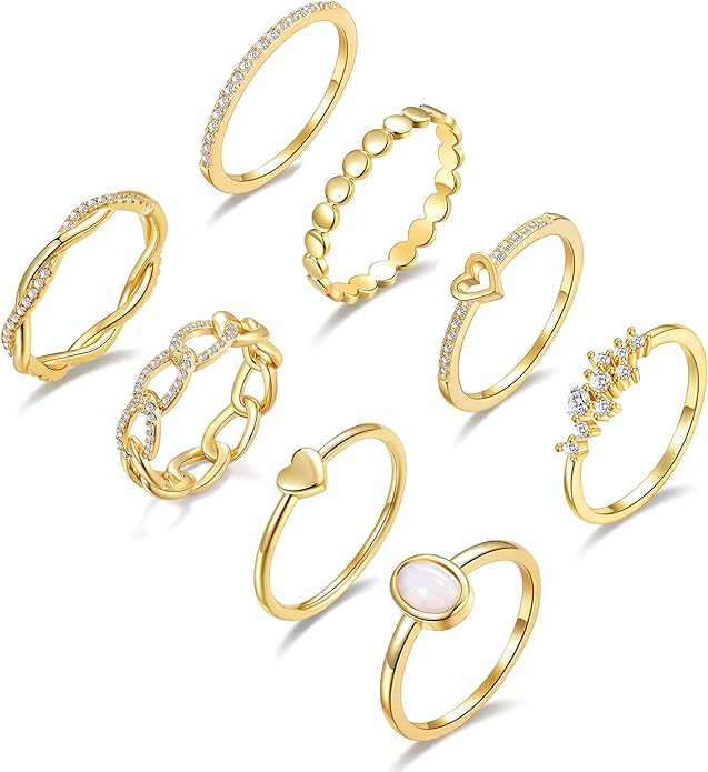 PLOMFOV 14K Gold/Silver Plated Stacking Rings Set for Women Non Tarnish CZ Heart Simple Cute Stackable Rings Dainty Trendy Gold Statement Rings Plain Band Size 4-12