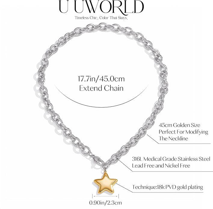 Chunky Gold Necklace with Star Pendant for Women,18K Gold Plated Stainless Steel Sweatproof Non Tarnish Hypoallergenic Chain,Trendy Chunky Necklaces for Women,Star Necklace Fashion Statement Jewelry