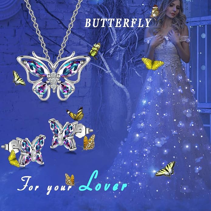 925 Sterling Silver Birthstone Butterfly Jewelry Women Crystal Animal Cute Butterflies Birthday Necklace/Earring/Ring/Bracelet Sets Birth Stone Statement Anniversary Jewellery