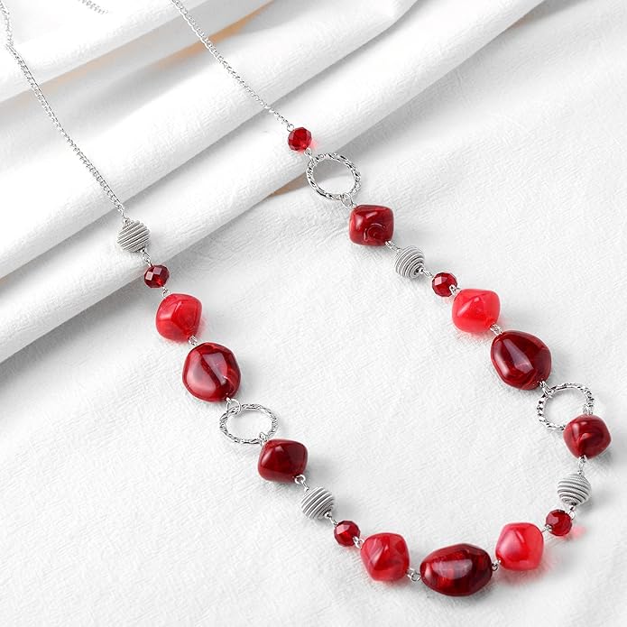 BULINLIN Beaded Long Necklace for Women Silver Sweater Chain Necklace with Crystal Resin Beads, Fashion Jewelry Necklace