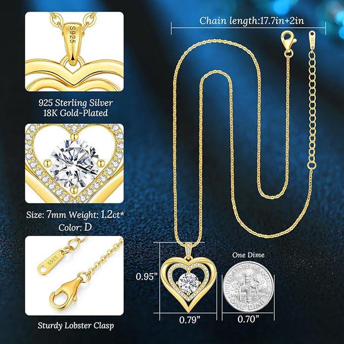 Valentine's Day Gift Moissanite Heart Pendant Necklaces for Women, 925 Sterling Silver Necklace Engraved with 'I LOVE YOU', Ideal Anniversary Birthday Jewelry Gifts for Mom Wife Girlfriend Daughter Her