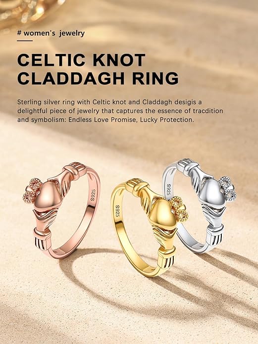 Bestyle 925 Sterling Silver Ring for Women, Minimalist Claddagh Ring Celtic Knot Ring for Women, Irish Promise Wedding Band, Gold/Rose Gold Vermeil Women Band Ring, Stackable, Gift for Her