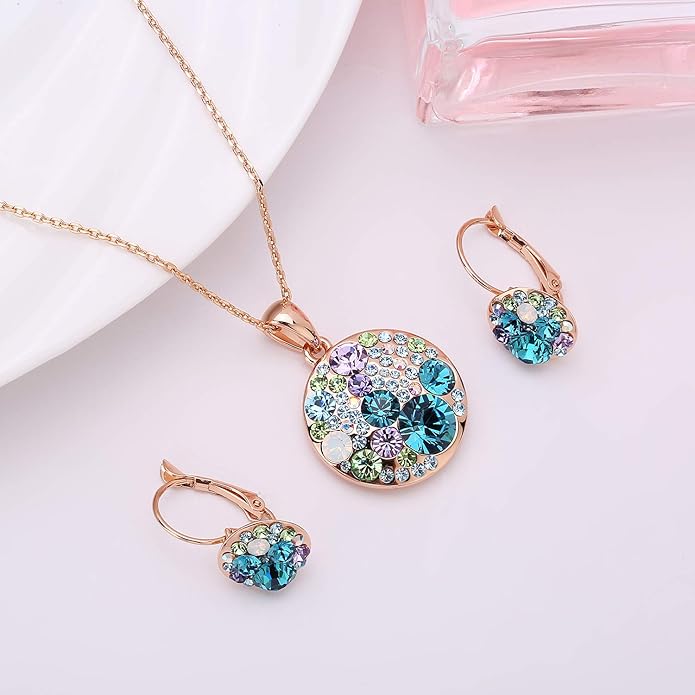 EVEVIC Austrian Crystals Round Disc Pendant Necklace Earrings for Women 14K Gold Plated Hypoallergenic Jewelry Sets