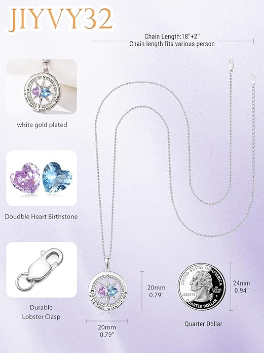 Compass Necklace for Women, Exquisite S925 Valentines Day Anniversary Birthday Gifts for Wife Her Double Birthstone Pendant Jewelry ‘I'd be Lost Without You’