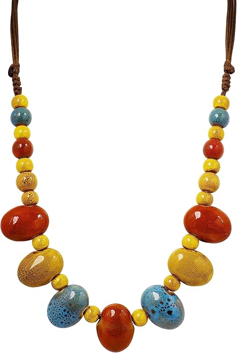 MINACHI Bohemian Hippie Colorful Ceramic Geometric Bead Strand Necklace, Vintage Boho Statement Jewelry Gift for Women