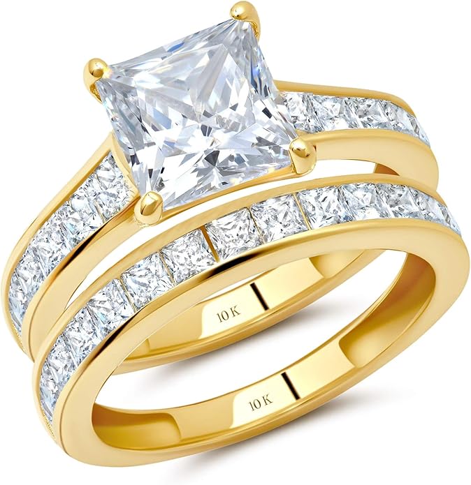 MAX + STONE 10K Gold 3.0 Carat Princess Cut Cubic Zirconia Engagement Ring with Wedding Band Set | CZ Wedding Rings for Women in Size 4.5 to 9 with Gift Box