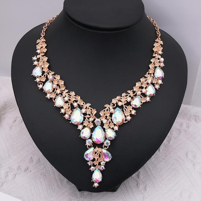 CSY Elegant Crystal Costume Jewelry Sets Flower Bridal Necklace Earrings Stretch Bangle Set for Bride Bridesmaid Wedding Dress Accessories
