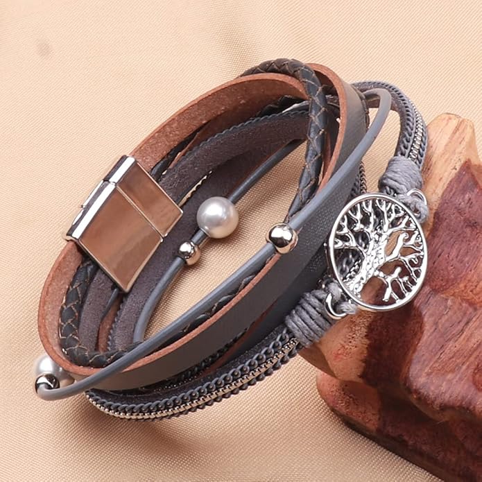 KSQS Tree of Life Leather Multi-Layer Wraps Bracelet,Boho Wide Buckle Wristband Bangle,Braided Cuff Bracelets for Women