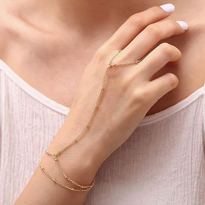 ÌF ME Hand Chain Bracelet Set 14K Gold Plated Durable Gold Bracelets for Women Adjustable Finger Bracelet Hand Jewelry with Extender Perfect for Everyday Wear Ring Bracelet Hand