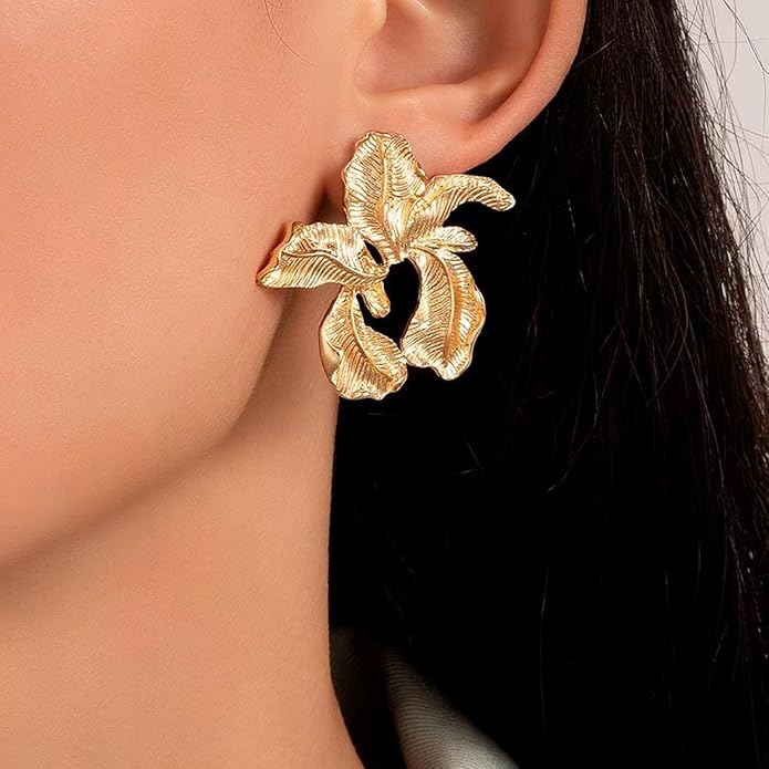 Gold Flower Statement Earrings for Women, Large Chunky Bohomian Summer Beach Floral Earring, Irregular Bold Exaggerated Earrings