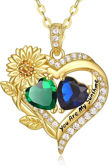 Sunflower Heart Necklace for Women 14K Gold Exquisite Valentines Day Anniversary Birthday Gifts for Wife Mother Her Double Birthstone Pendant Jewelry‘You Are My Sunshine’