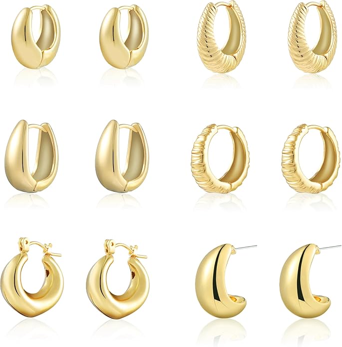 Wgoud 6 Pairs Gold Hoop Earrings Set for Women, 14K Gold Plated Hypoallergenic Lightweight Chunky Open Huggie Hoops Earrings Jewelry for Gifts.
