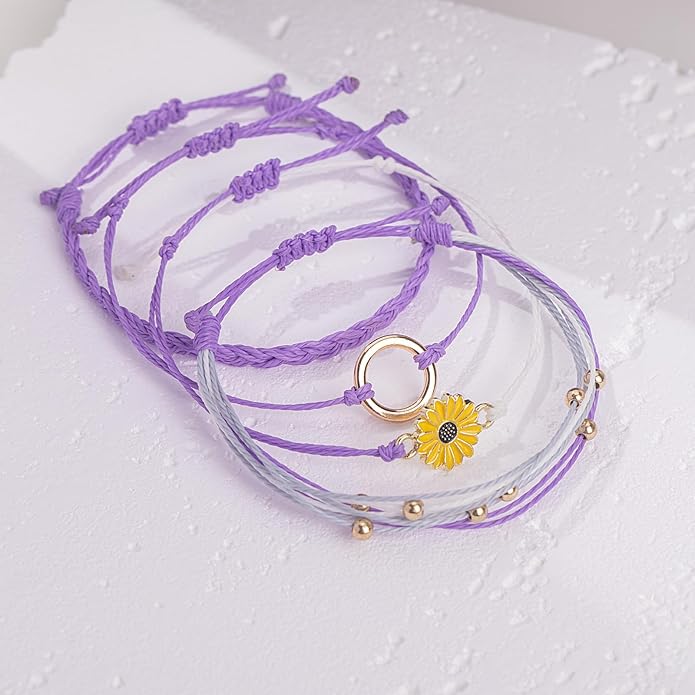 FANCY SHINY Sunflower String Bracelet Boho Braided Rope Wrap Bracelets Cute Summer Beach Surfer Jewelry for Women