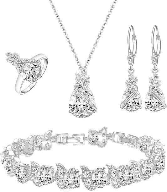 GZWHD Jewelry Set for Women CZ Earrings Necklace Ring Bracelet Set Prom Party Wedding Jewelry Gift for Mother Friend Wife