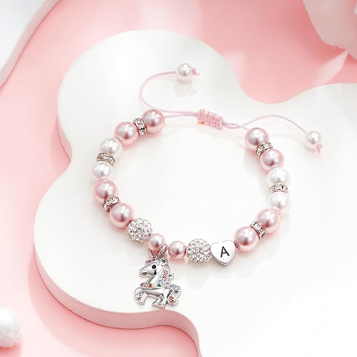 C-leen Unicorn Unicorn Bracelet Gifts for Girls Kids - Pink Pearl and Rhinestone Balls Heart Initial Unicorn Bracelets Adjustable Jewelry CZ Unicorn Bracelet Birthday Gifts for Teens