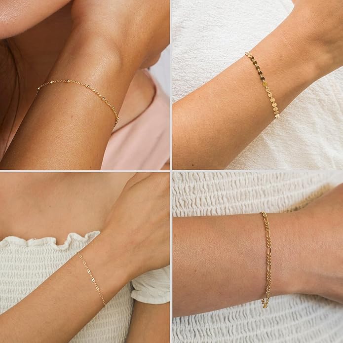 DEARMAY 14K Gold Plated Bracelets for Women, Jewelry Sets Cute Tennis Beaded Bracelets Cuban Link Paperclip Chain Dainty Bracelet Pack Gifts