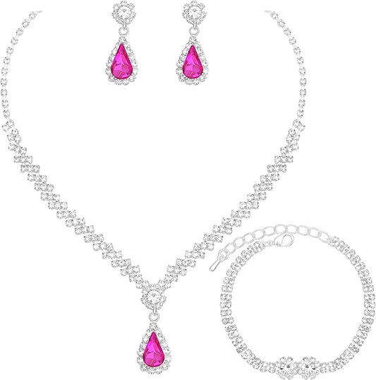HONGLU Elegant Crystal Necklace Earrings Bracelets Set Silver Bridal Wedding Jewelry Sets Bride Bridesmaids Prom Formal Costume Accessories for Women