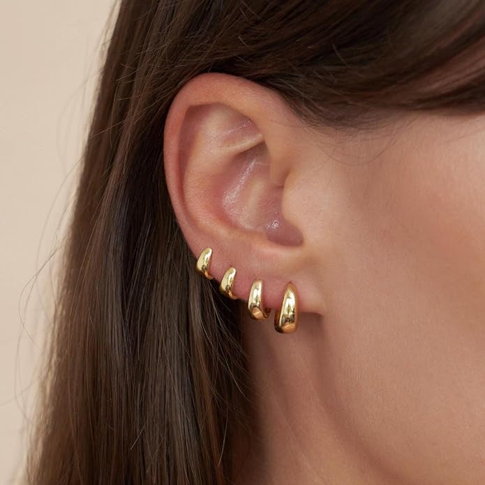 CHESKY 4 Pairs Small Huggie Hoop Earrings for Women - Chunky 14K Gold Plated/Silver Plated Lightweight Earring Stacks Cartilage Hoop Earrings Set for Multiple Piercing Trendy Jewelry
