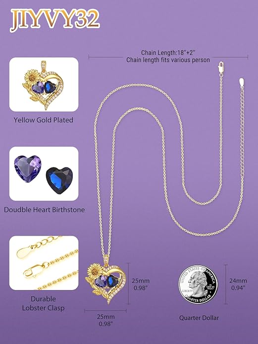 Sunflower Heart Necklace for Women 14K Gold Exquisite Valentines Day Anniversary Birthday Gifts for Wife Mother Her Double Birthstone Pendant Jewelry‘You Are My Sunshine’