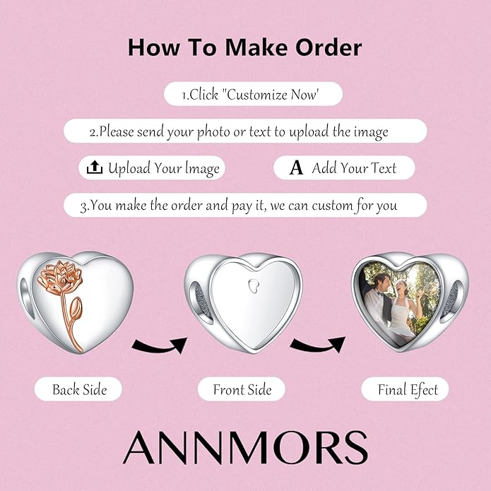 Annmors Personalized Photo Charms For Bracelets/Necklace 925 Sterling Silver Love Heart Shaped Engraved Customize Picture Gift for Birthday Mother's Day,Bead Charms Jewelry for Women