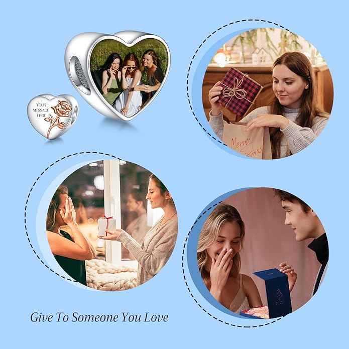 Annmors Personalized Photo Charm for Bracelet Necklaces,925 Sterling Silver Charm Love Heart Shaped Engraved Customize Picture Gift for Birthday Mother's Day Christmas,Bead Charms Jewelry for Women