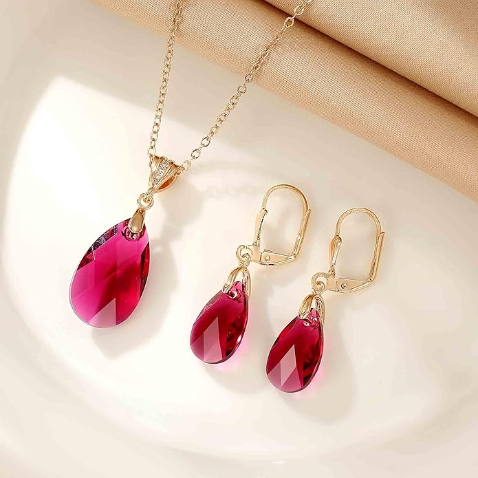 EVEVIC Austrian Crystals Teardrop Pendant Necklace Earrings for Women 14K Gold Plated Hypoallergenic Leverback Drop Dangle Earrings Jewelry Set